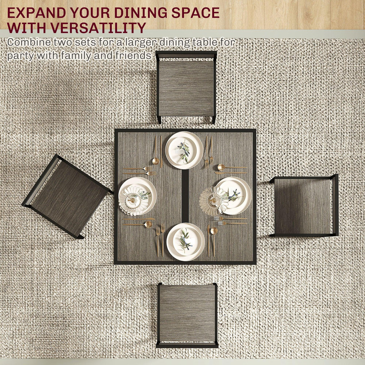 Dining table set top view with two open-back chairs, grey wood-effect surfaces