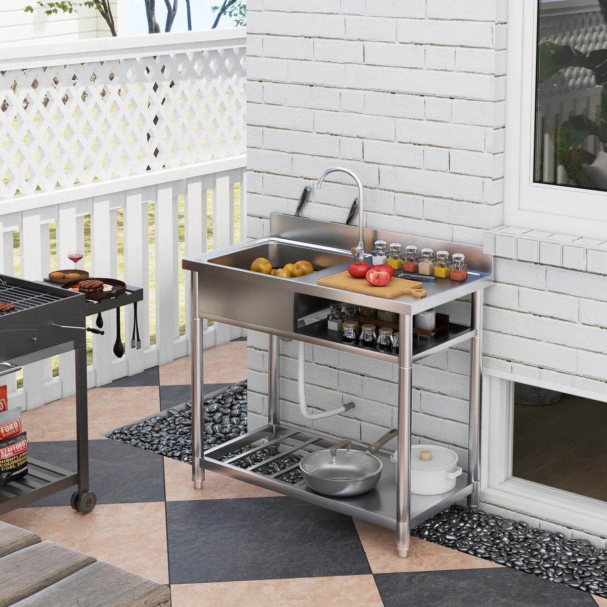 Freestanding outdoor stainless steel single-basin sink with faucet and storage shelves