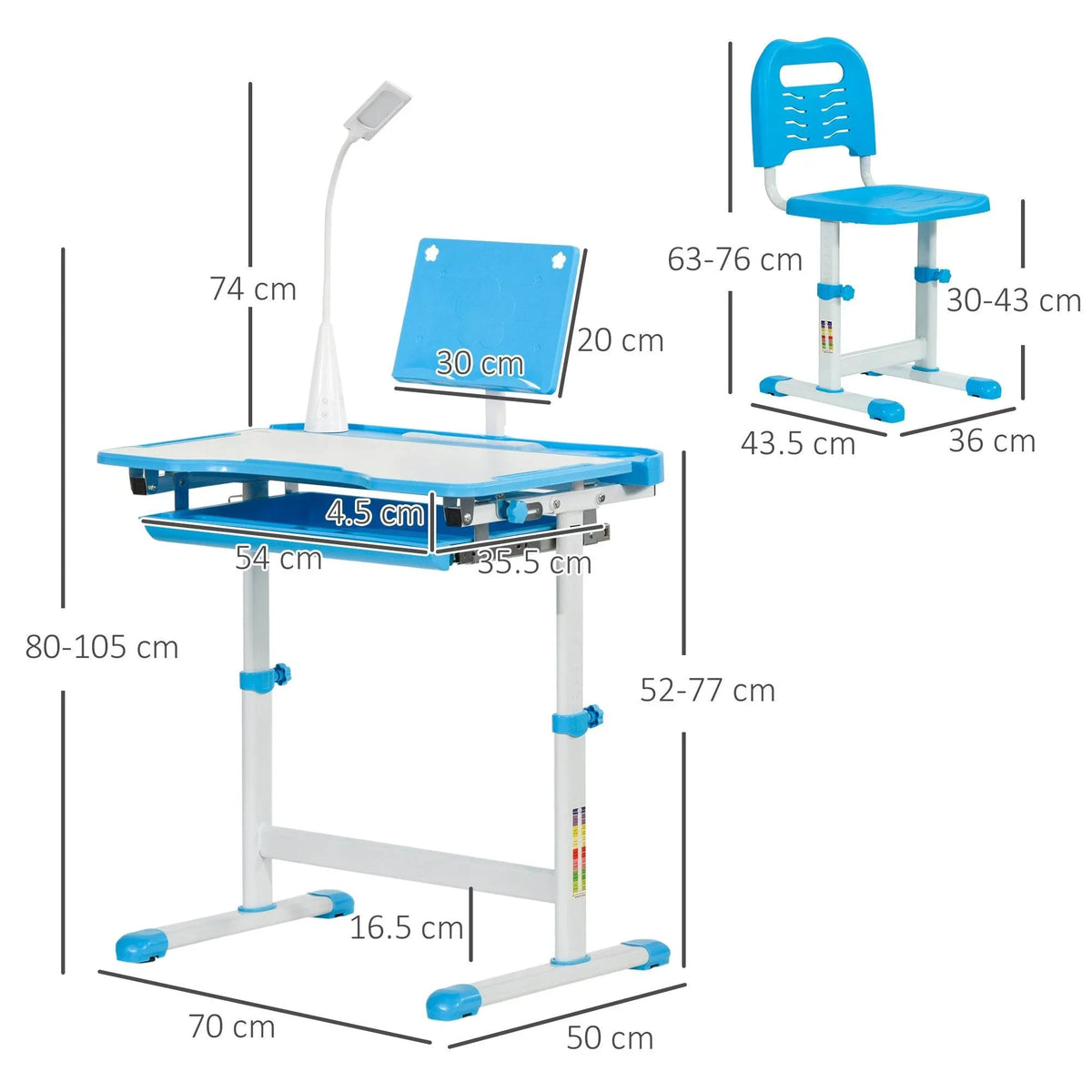 Adjustable kids desk and chair set with height measurements, blue tabletop and seat