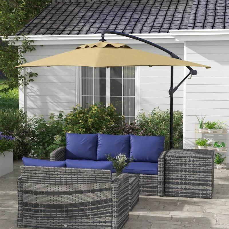 Cantilever patio parasol with tan canopy and black curved support arm
