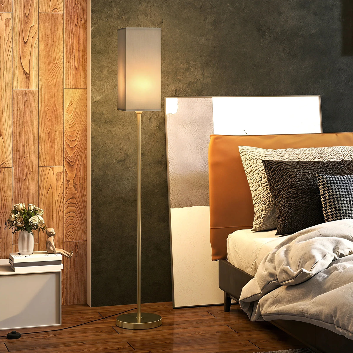 Gold standing floor lamp with rectangular faux linen shade and round metal base