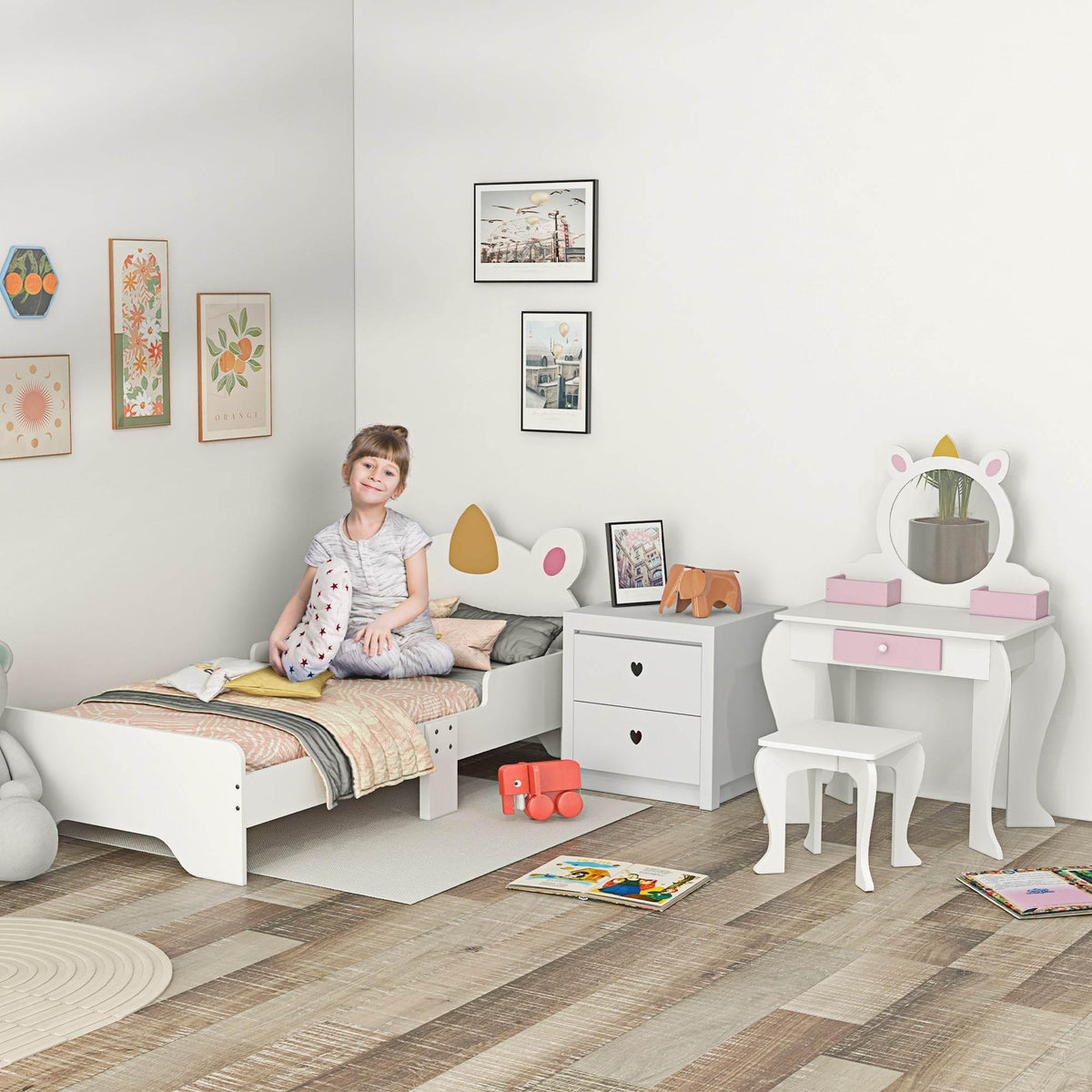 Kids bedroom furniture set with toddler bed, vanity desk with round mirror, and matching stool