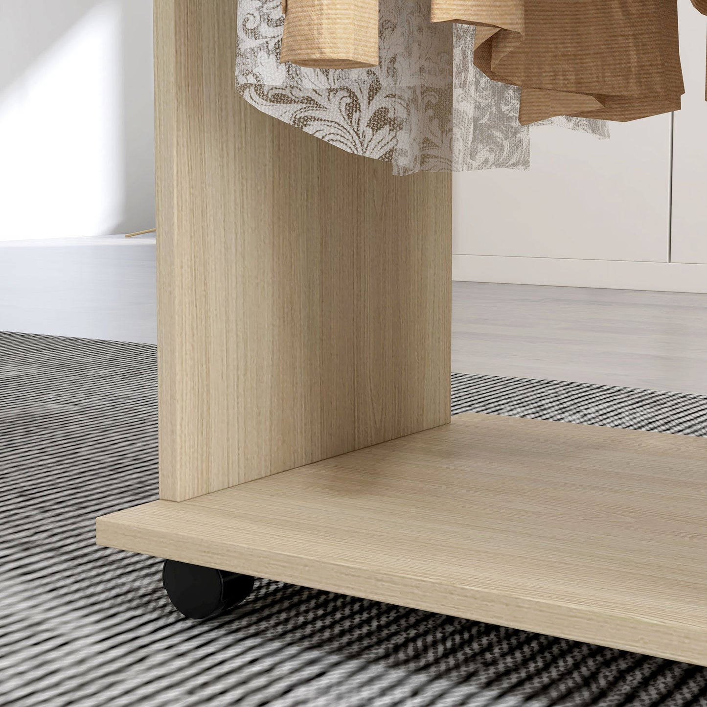 HOMCOM Open Wardrobe With Double Storage Shelves Mobile Organizer On Six Wheels Natural Finish