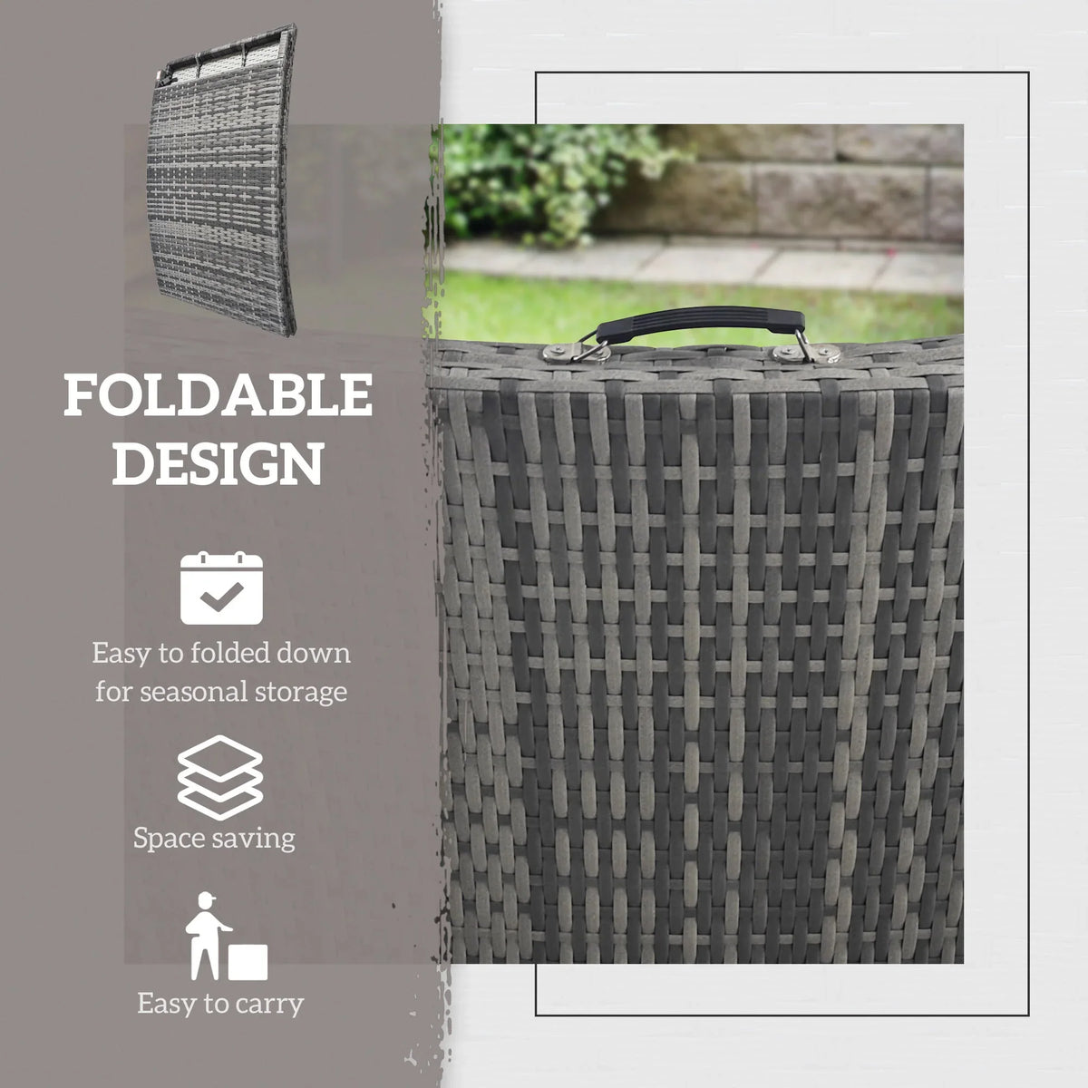 Grey woven rattan panel showing foldable design and compact storage