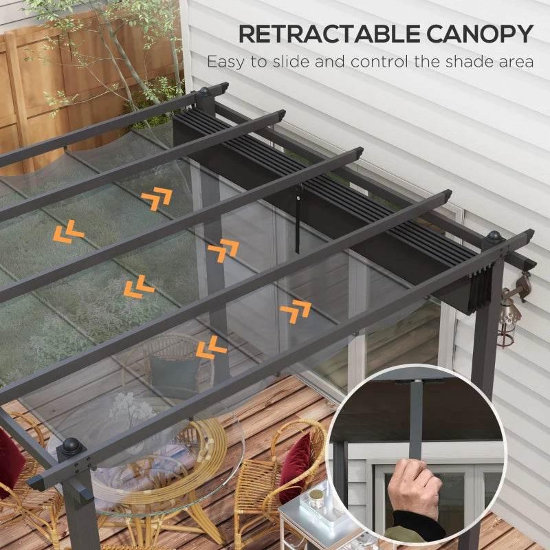 Dark grey retractable pergola roof with sliding slats and control bar mechanism