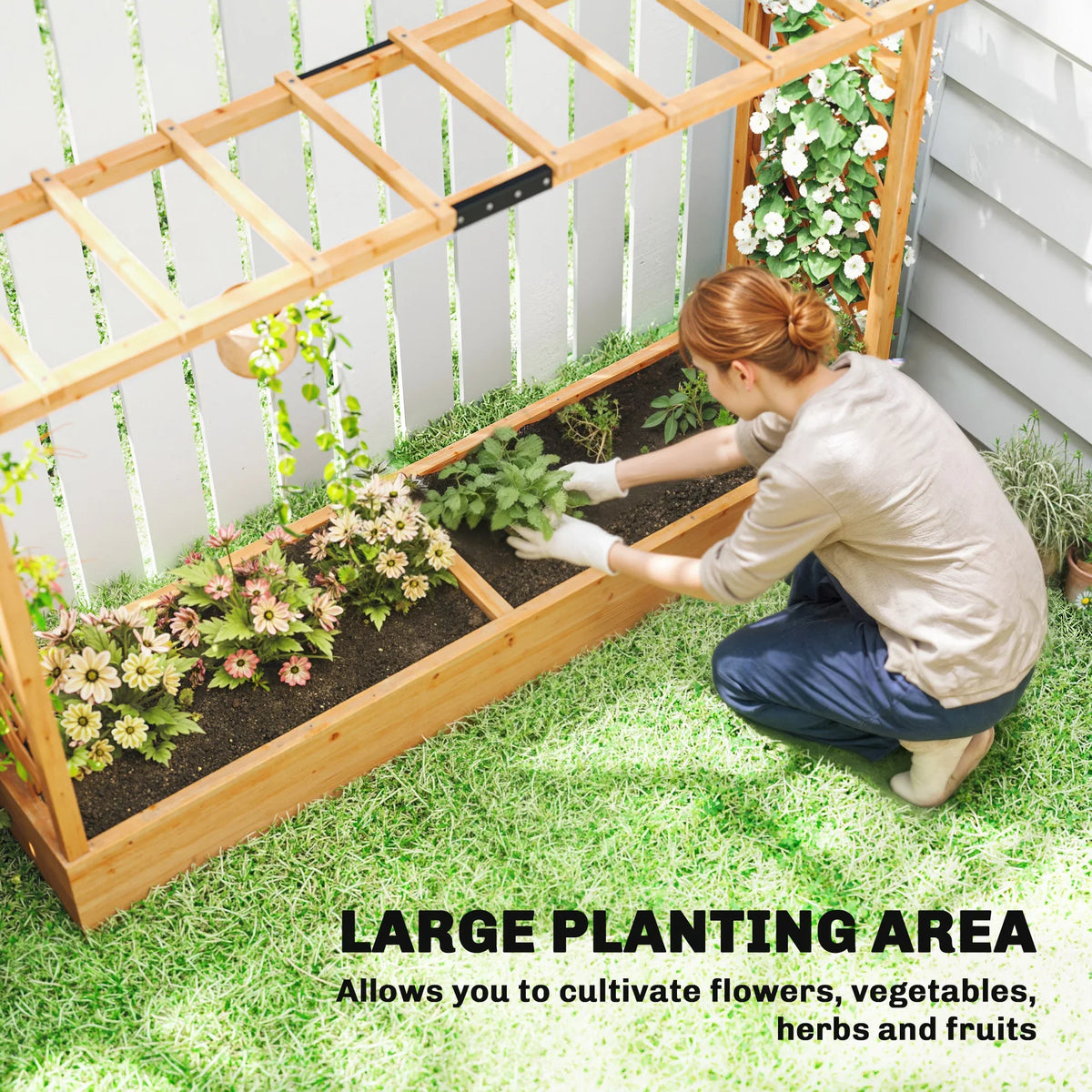 Raised fir wood planter with trellis roof, open soil bed with flowers and plants
