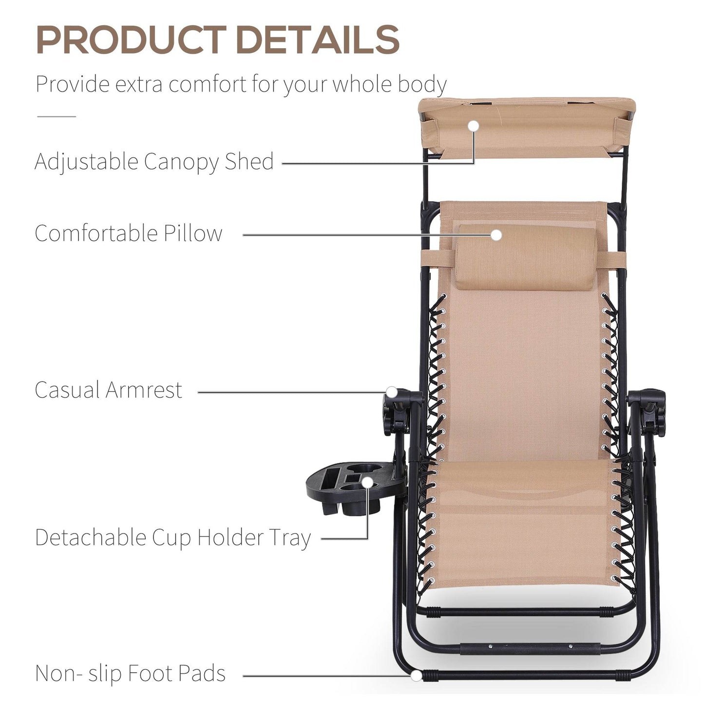 Beige reclining garden chair with canopy, padded headrest, and detachable cup-holder tray