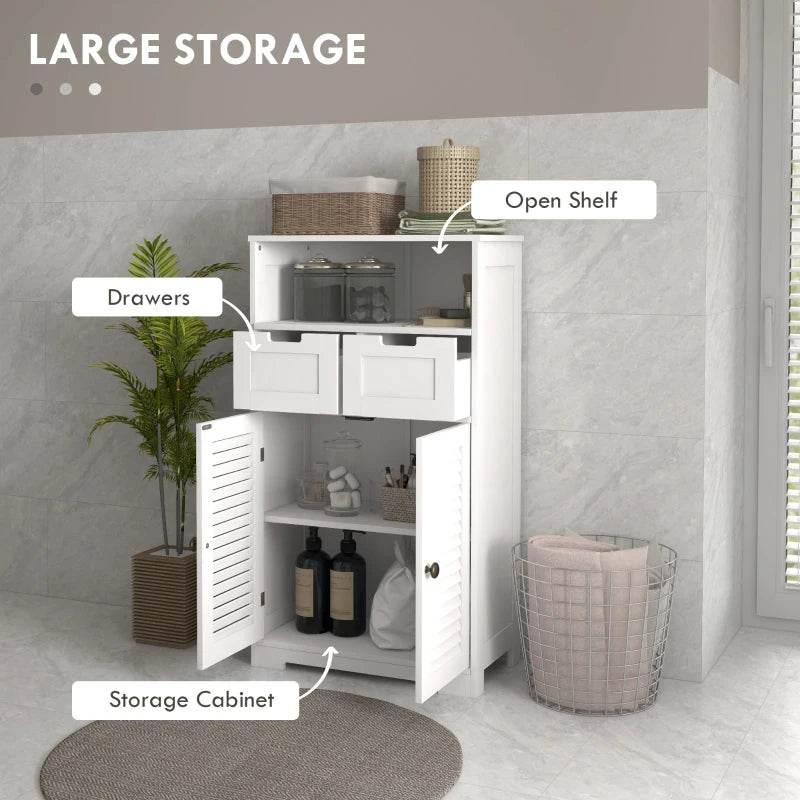 White three-part bathroom storage unit with open shelf, drawers, and louver storage cabinet