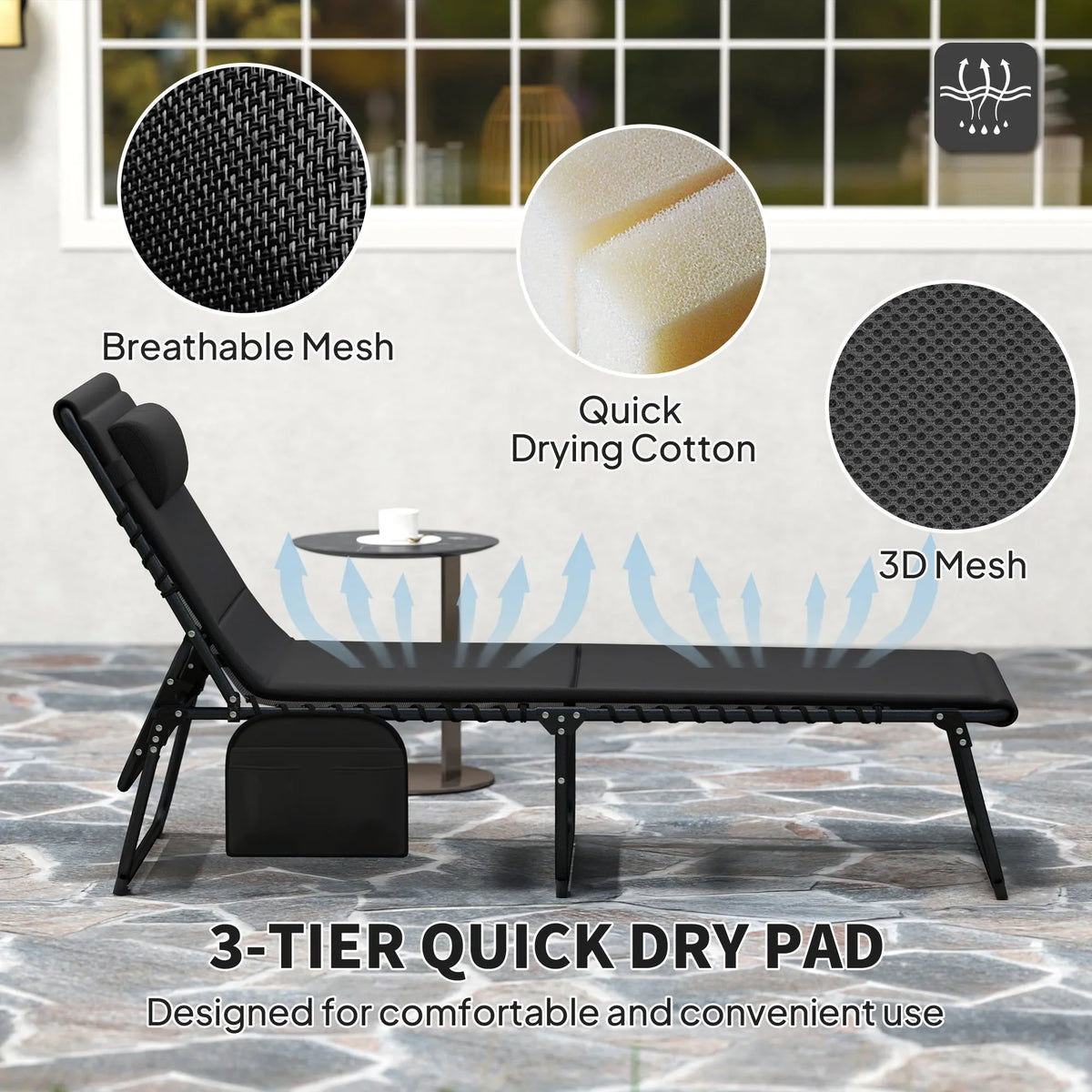 Black reclining sun lounger with breathable mesh and quick-dry fabric seat