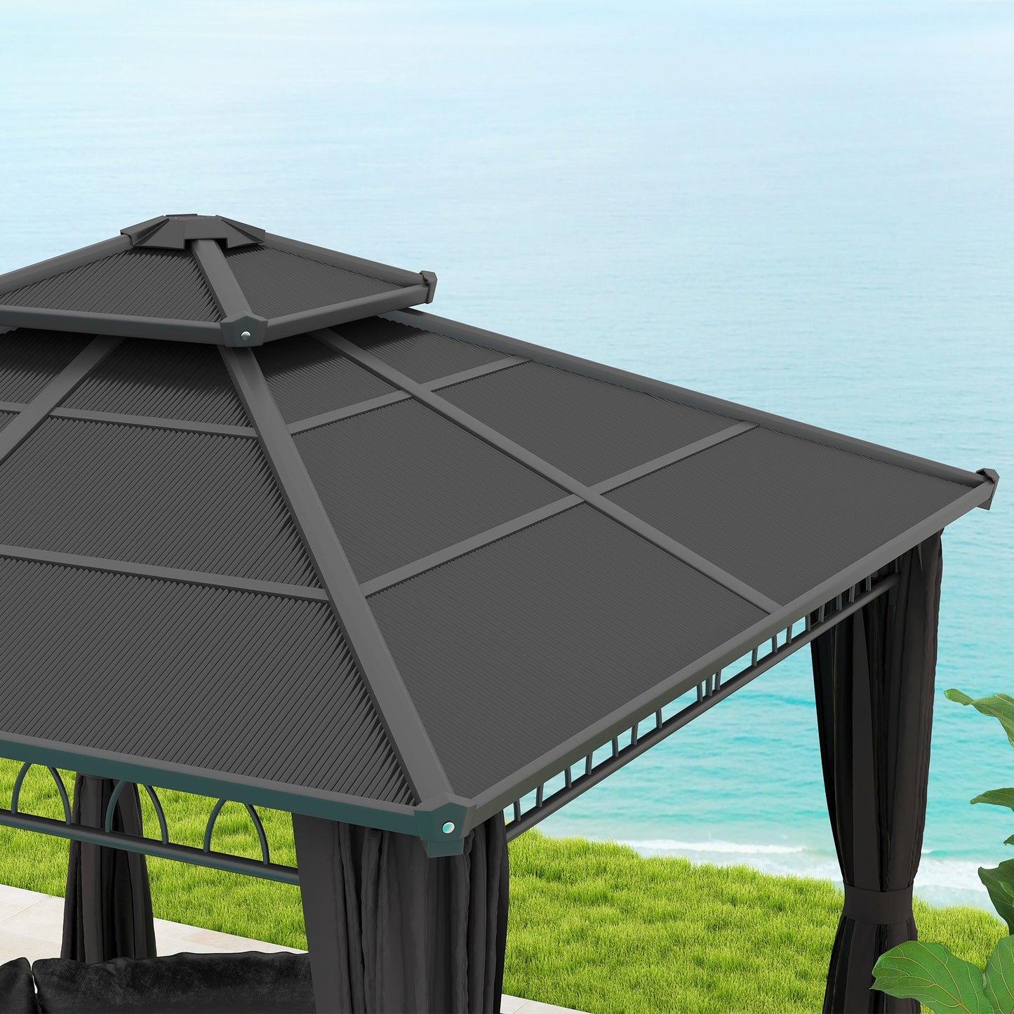 Outsunny 3x3m Outdoor Polycarbonate Gazebo With Double Roof Hard Top Nettings Curtains And Galvanised Steel Frame