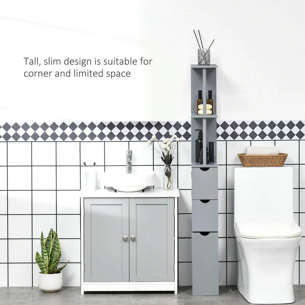 Grey slim corner bathroom cabinet with open shelves and drawer storage