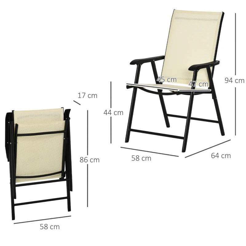 Beige folding garden armchair with black frame and mesh back, side profile