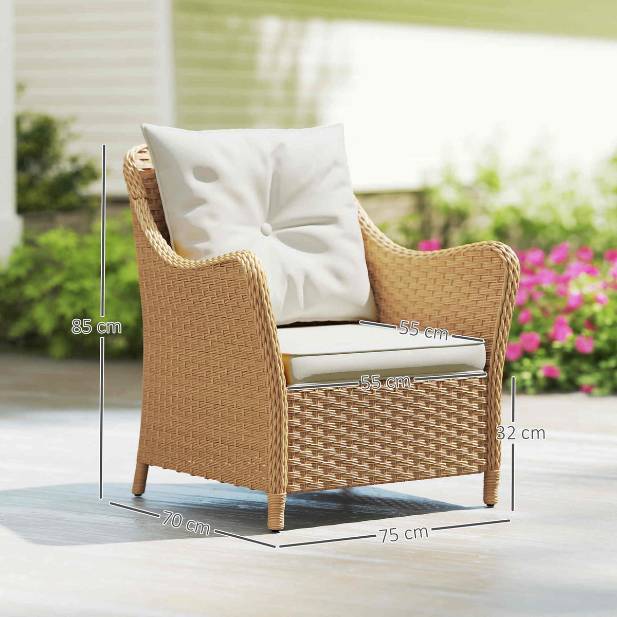 Outsunny beige PE rattan high-back armchair with white seat cushion