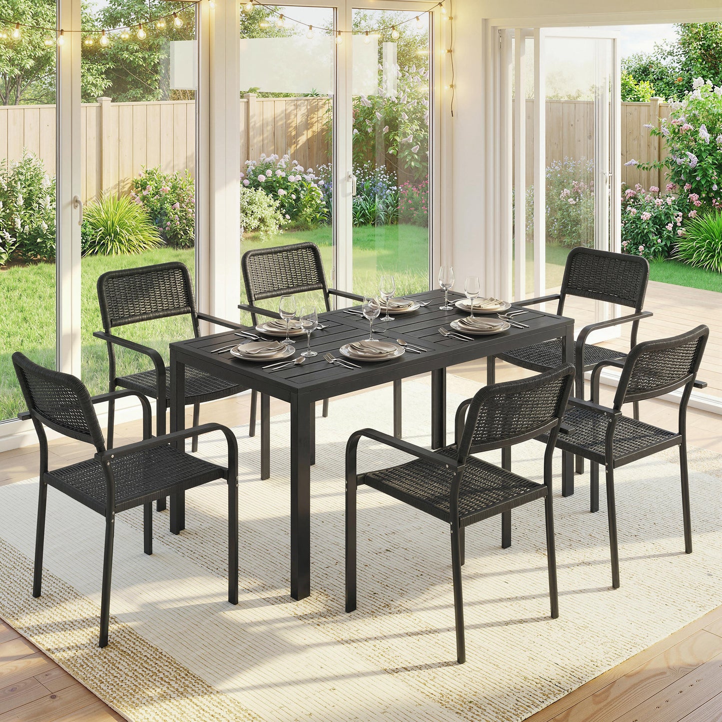 Outsunny Outdoor Garden Dining Set For Six With Faux Wood Table And Stackable Metal Chairs Rattan Effect Seats Black