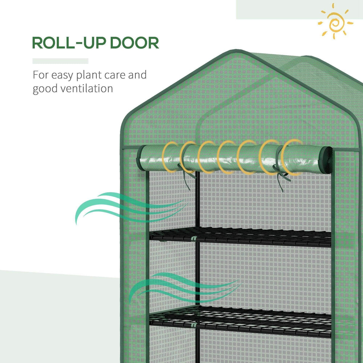 Green greenhouse with roll-up door and curved PE cover, close interior view