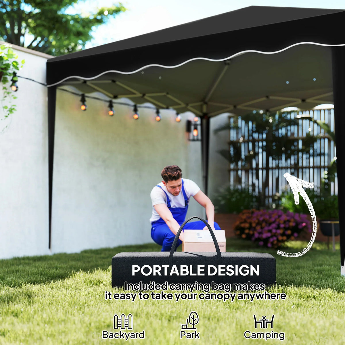 Black pop-up gazebo with open sides and a carry bag held near the frame