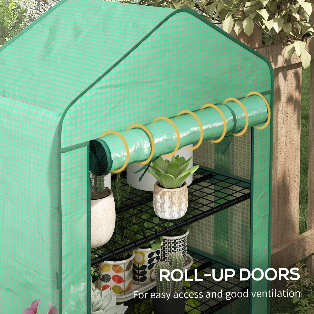 Green greenhouse roll-up doors with tubular frame; black shelf base for plants