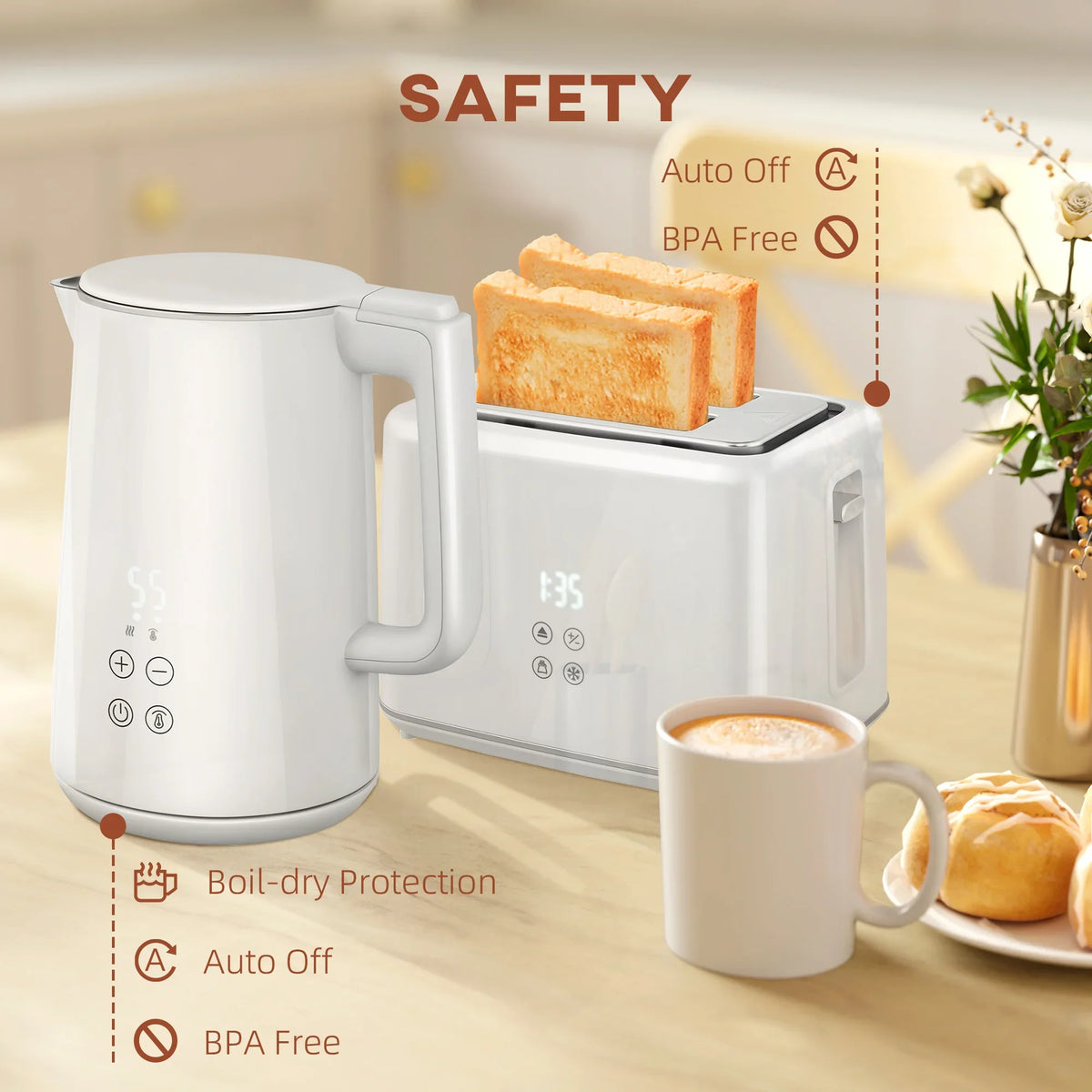 White electric kettle and white 2-slice toaster with safety feature callouts