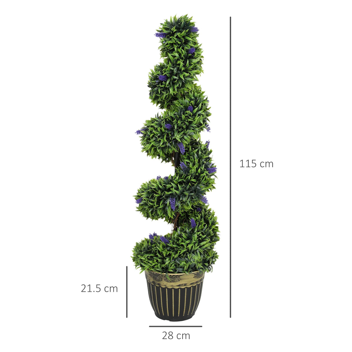 115 cm artificial lavender tree with purple flowers in black ribbed pot, 28 cm wide