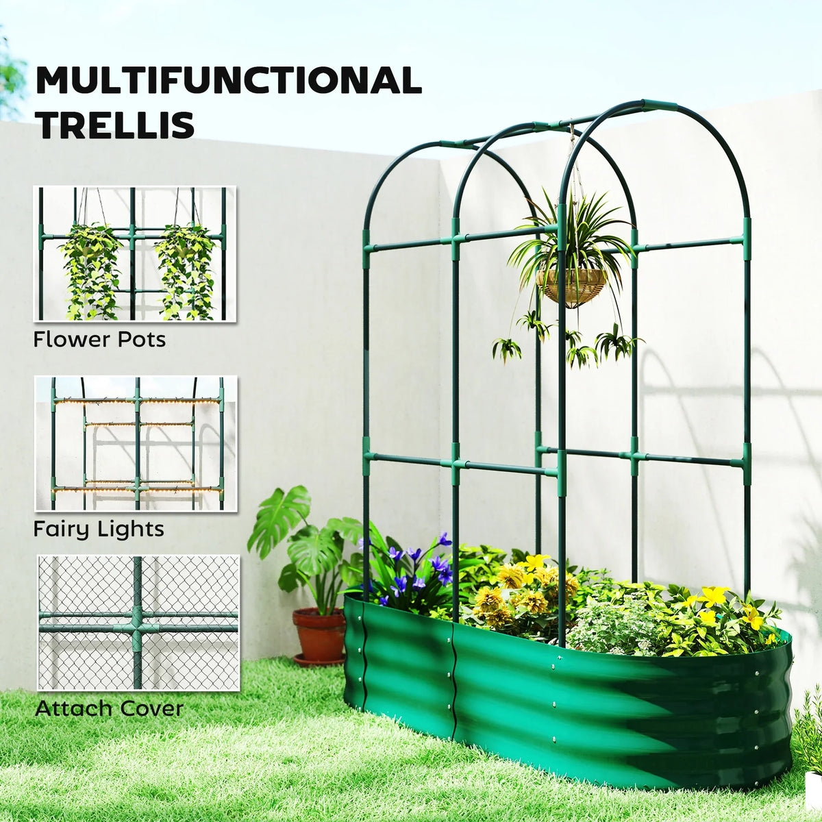 Green arched trellis raised garden bed planter with planted herbs and leafy plants