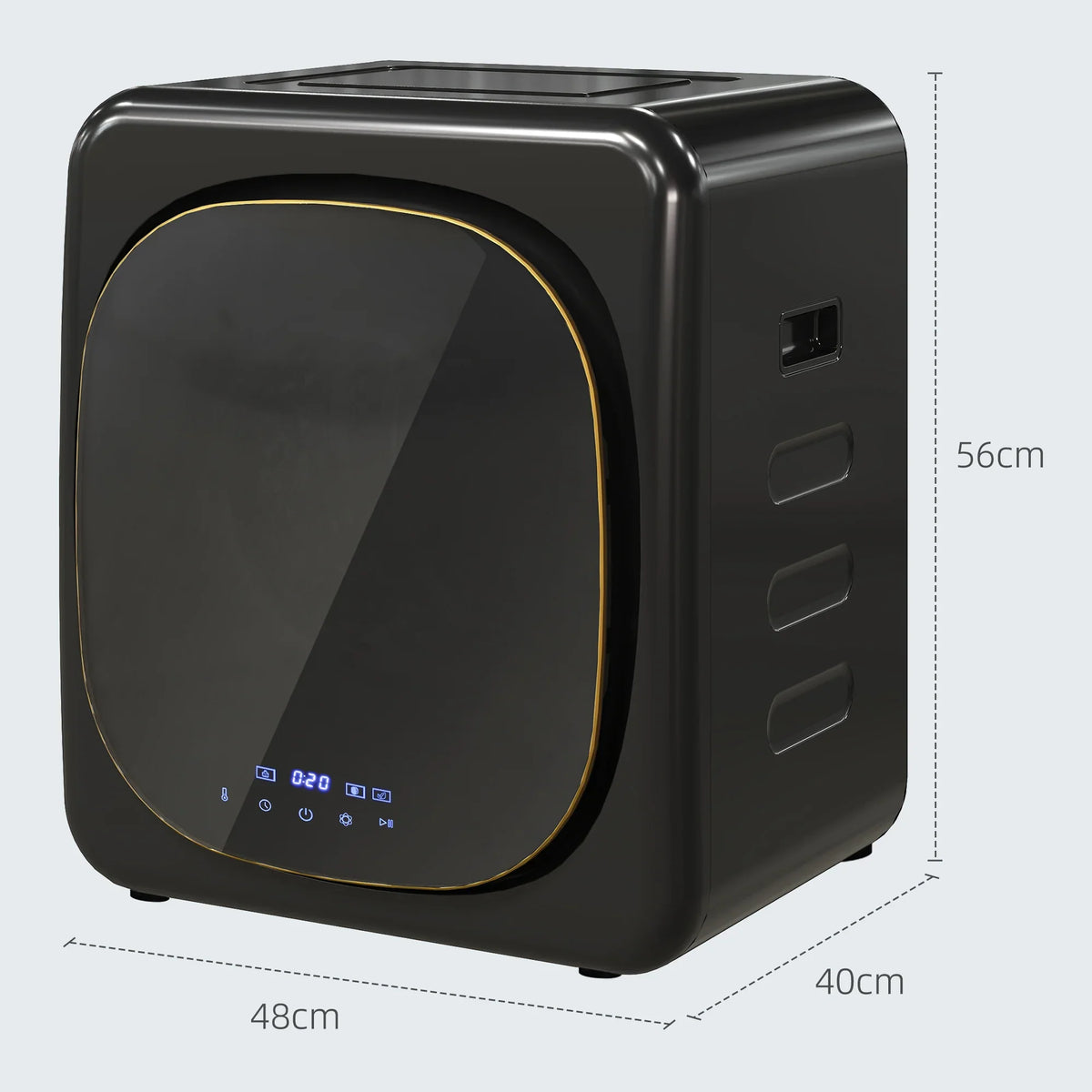 Black compact front-load vented tumble dryer with glowing trim and control lights