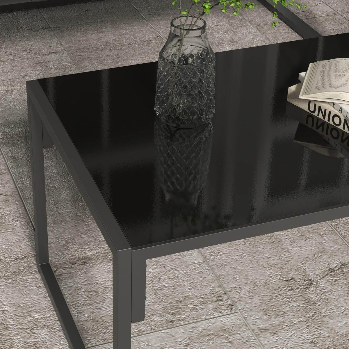 Coffee table base with dark steel frame and open center design