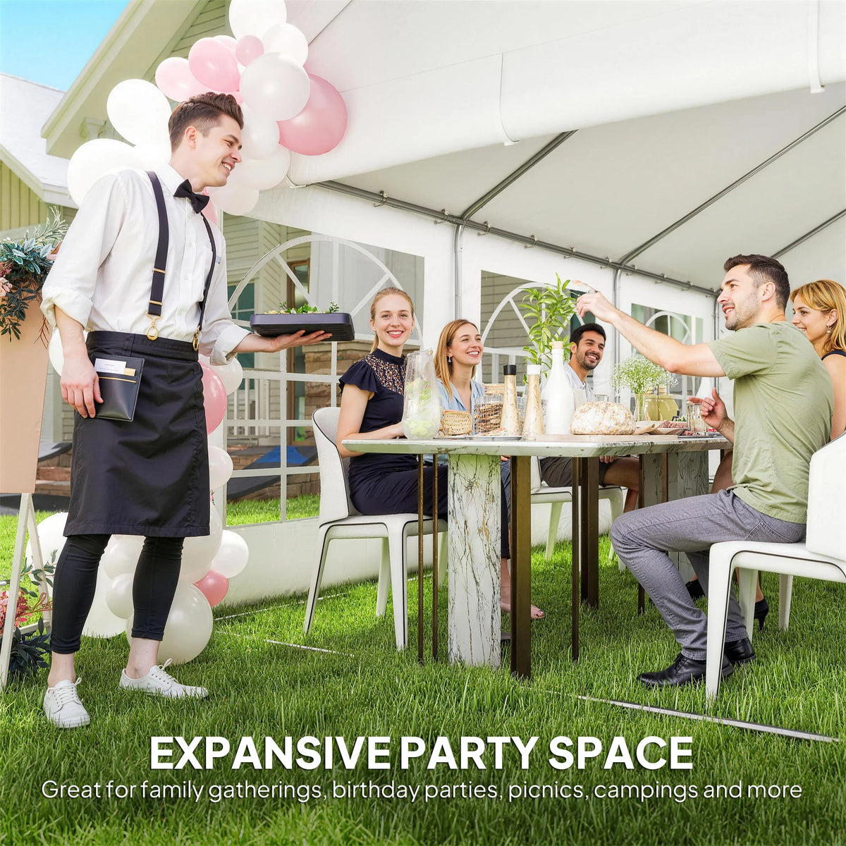 Outdoor party tent gazebo with white canopy, clear window panels, and indoor dining area