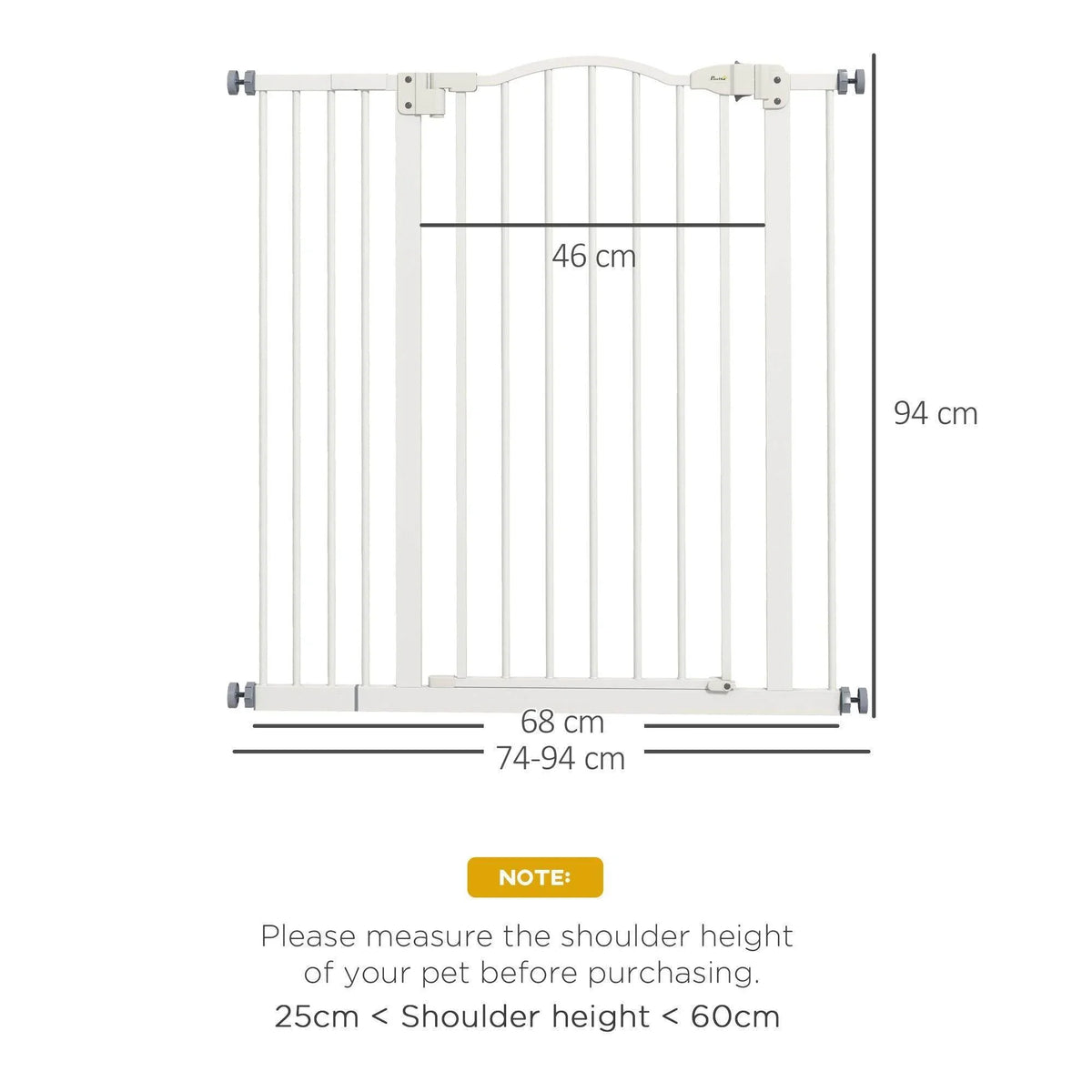 White metal dog gate with vertical bars and measured panel height