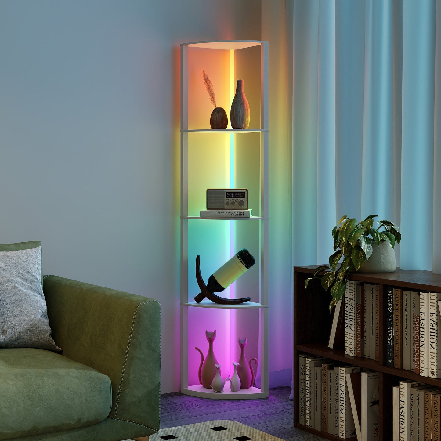 HOMCOM RGB LED Floor Lamp With Shelves 5 Tier Dimmable Standing Lamp Remote Control For Living Room Bedroom Office Grey