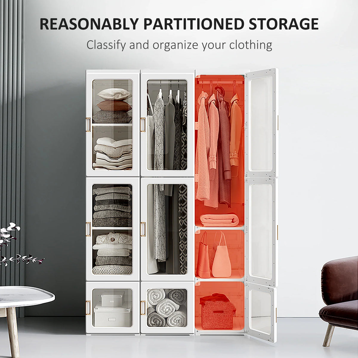 White partitioned wardrobe with open cubes and hanging rod, storing folded clothes.