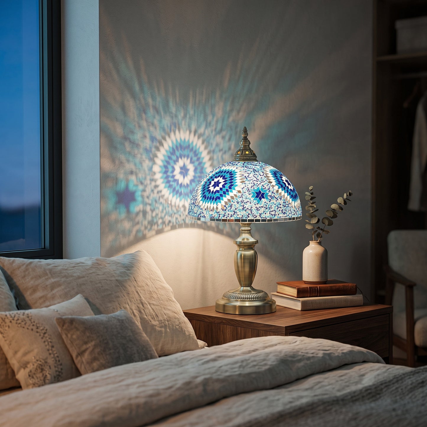 Homcom Blue Tiffany Stained Glass Bedside Table Lamp With Metal Base