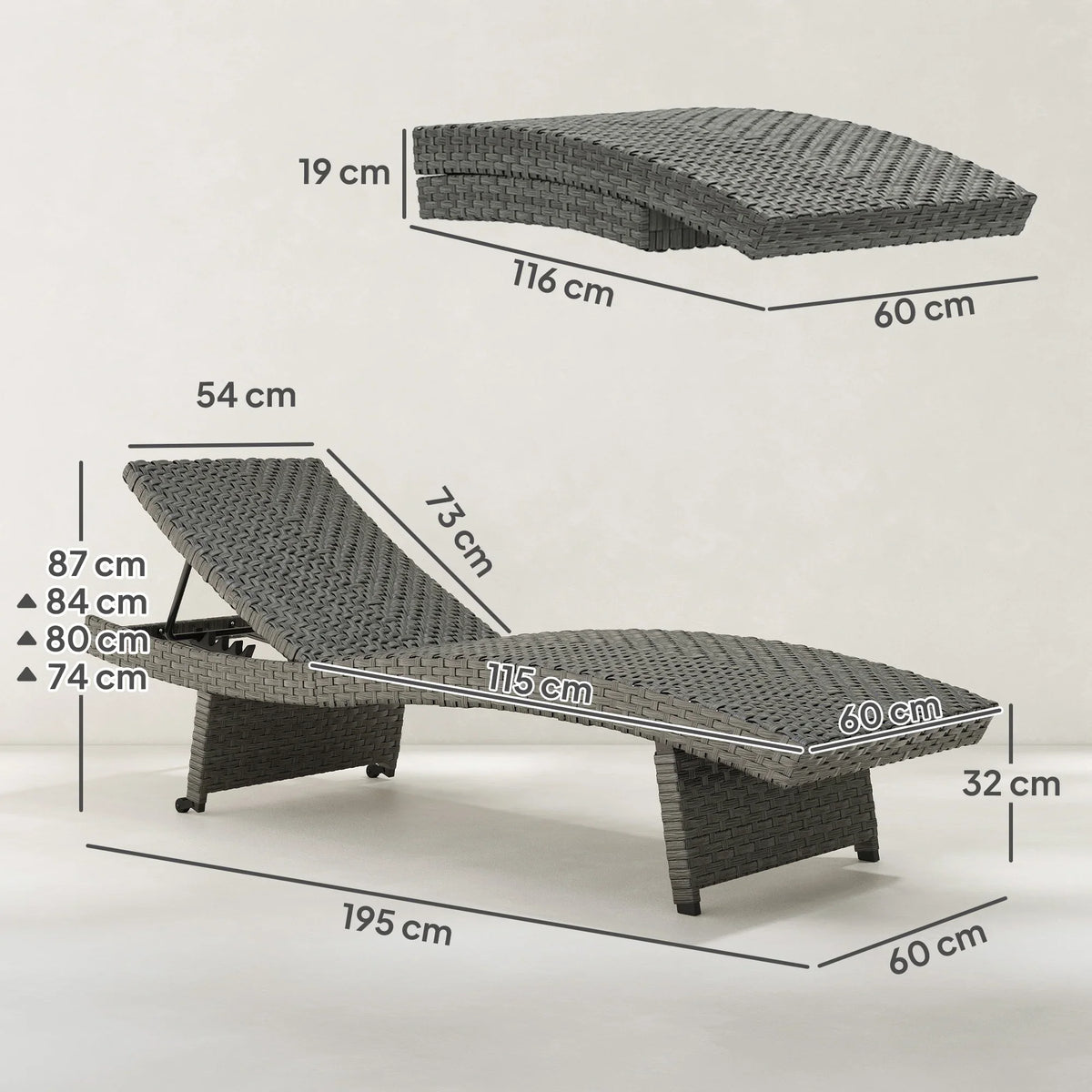 Dark gray PE rattan sun lounger with 4-level adjustable backrest; dimensions shown