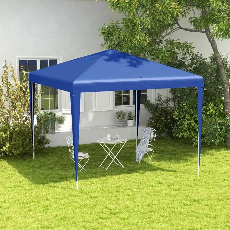 Blue garden gazebo canopy with open sides and peaked roof, supported by four poles