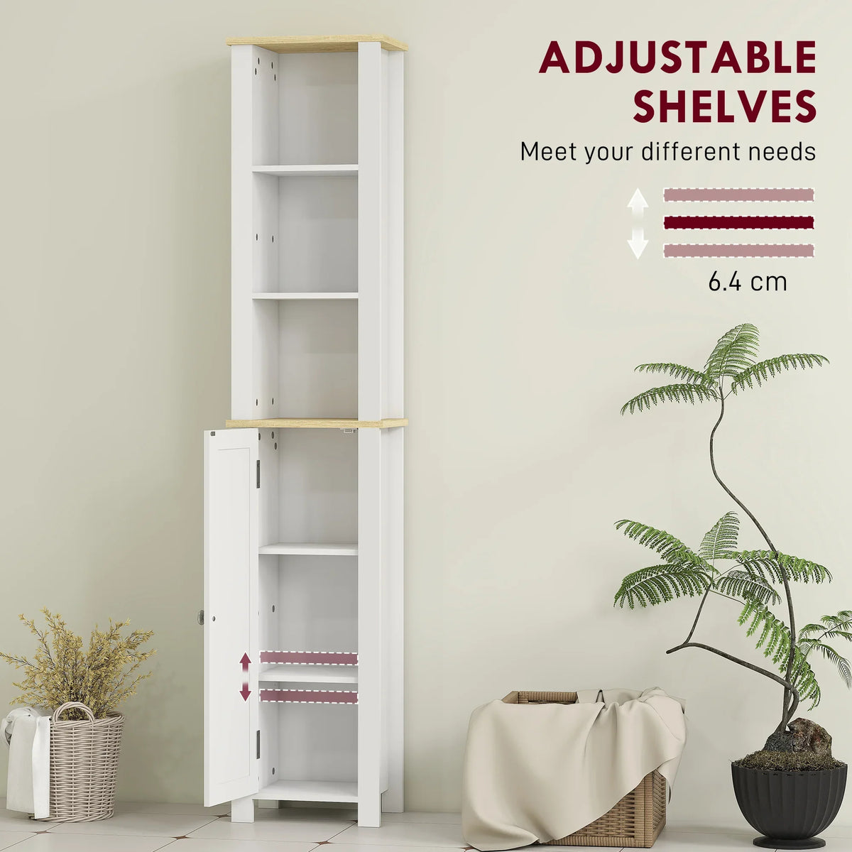 White tall cabinet with adjustable open shelves and a closed lower cabinet door