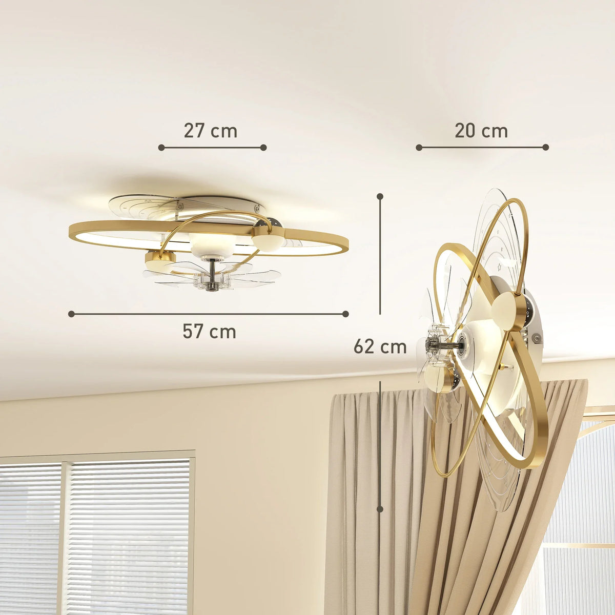 Gold ceiling fan with enclosed LED light ring and four curved blades, close-up view