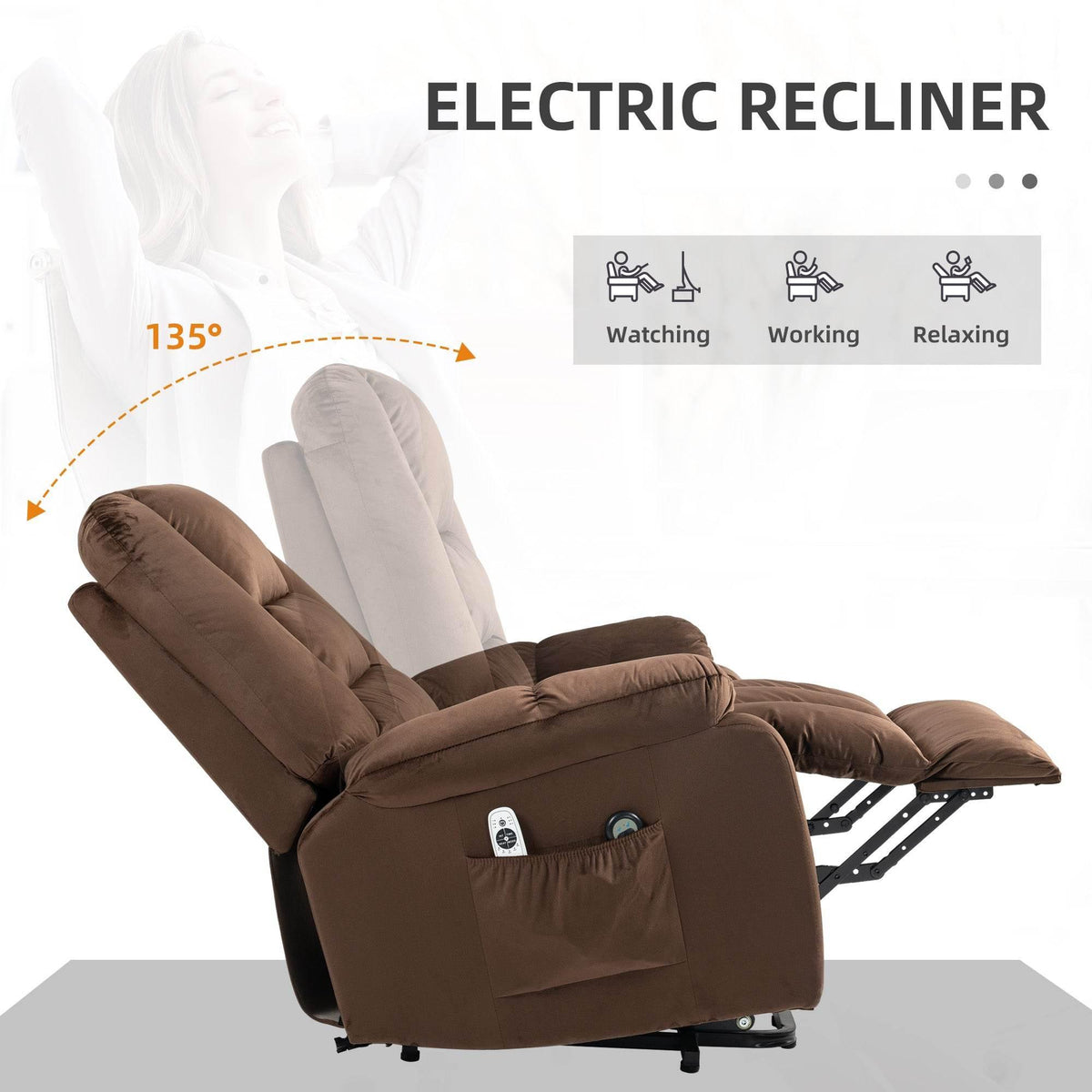 Brown electric recliner chair with 135° recline position and padded seat cushions