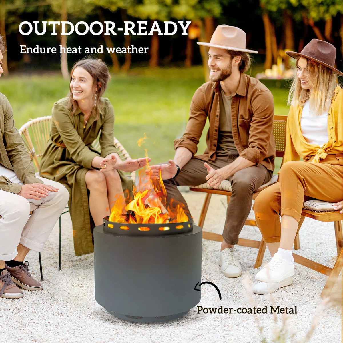 Dark grey round fire pit with flames on outdoor patio, powder-coated metal