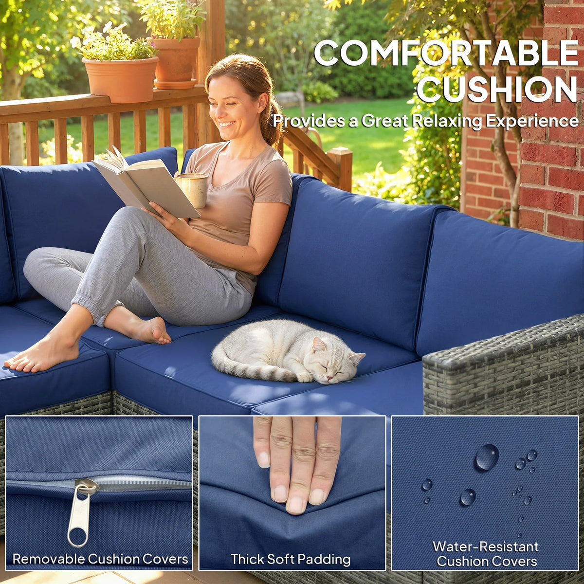 Blue cushioned outdoor sofa with removable cushion covers and thick soft padding