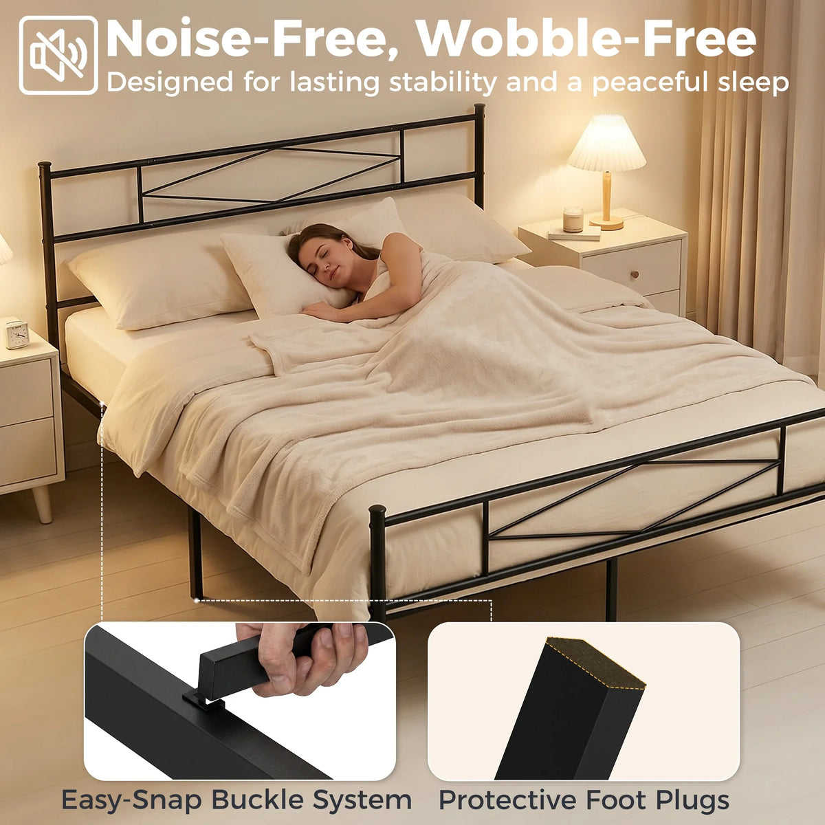 Black metal king bed frame with headboard and footboard, slatted platform base