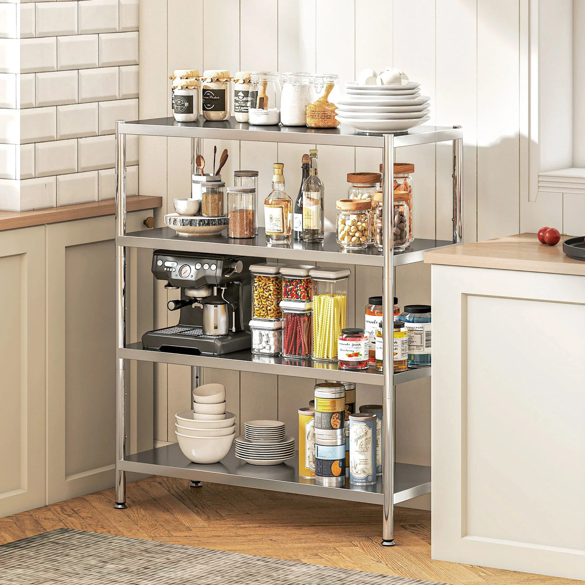 4-tier stainless steel bakers rack with open shelves for kitchen storage, silver