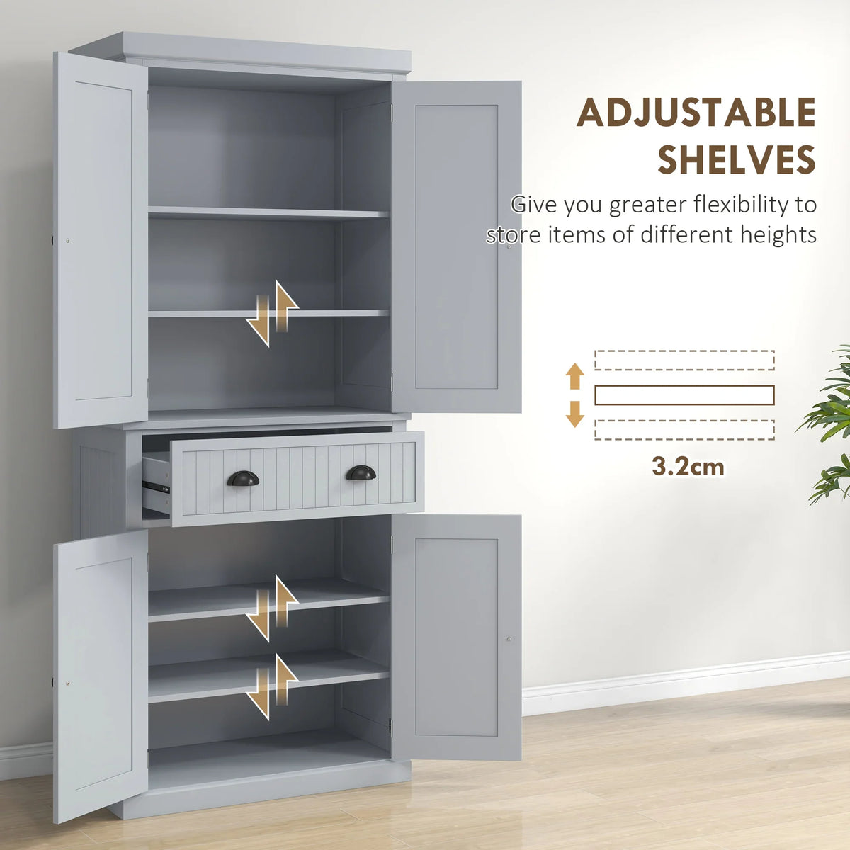 Grey kitchen pantry cabinet with adjustable inner shelves and two drawers centered below