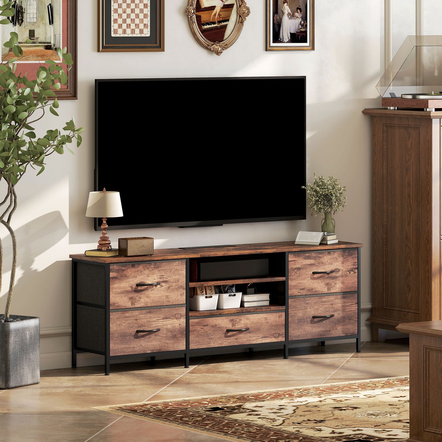 HOMCOM Multi Storage Industrial TV Stand For 65 Inch TV Dark Wood Effect With Grey Fabric Drawers And Steel Frame