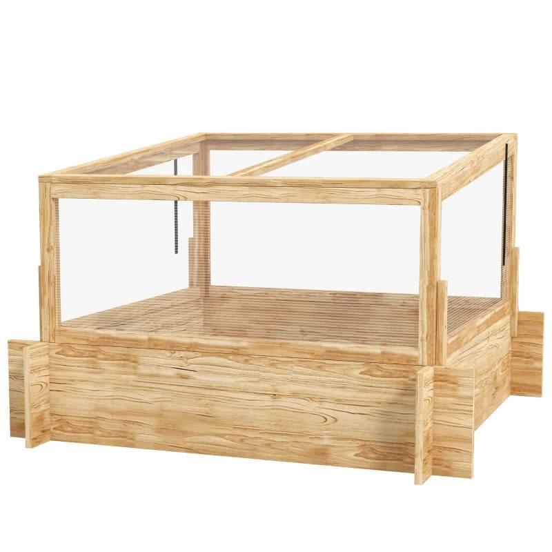 Natural wood greenhouse planter box with open sides and clear glass panels