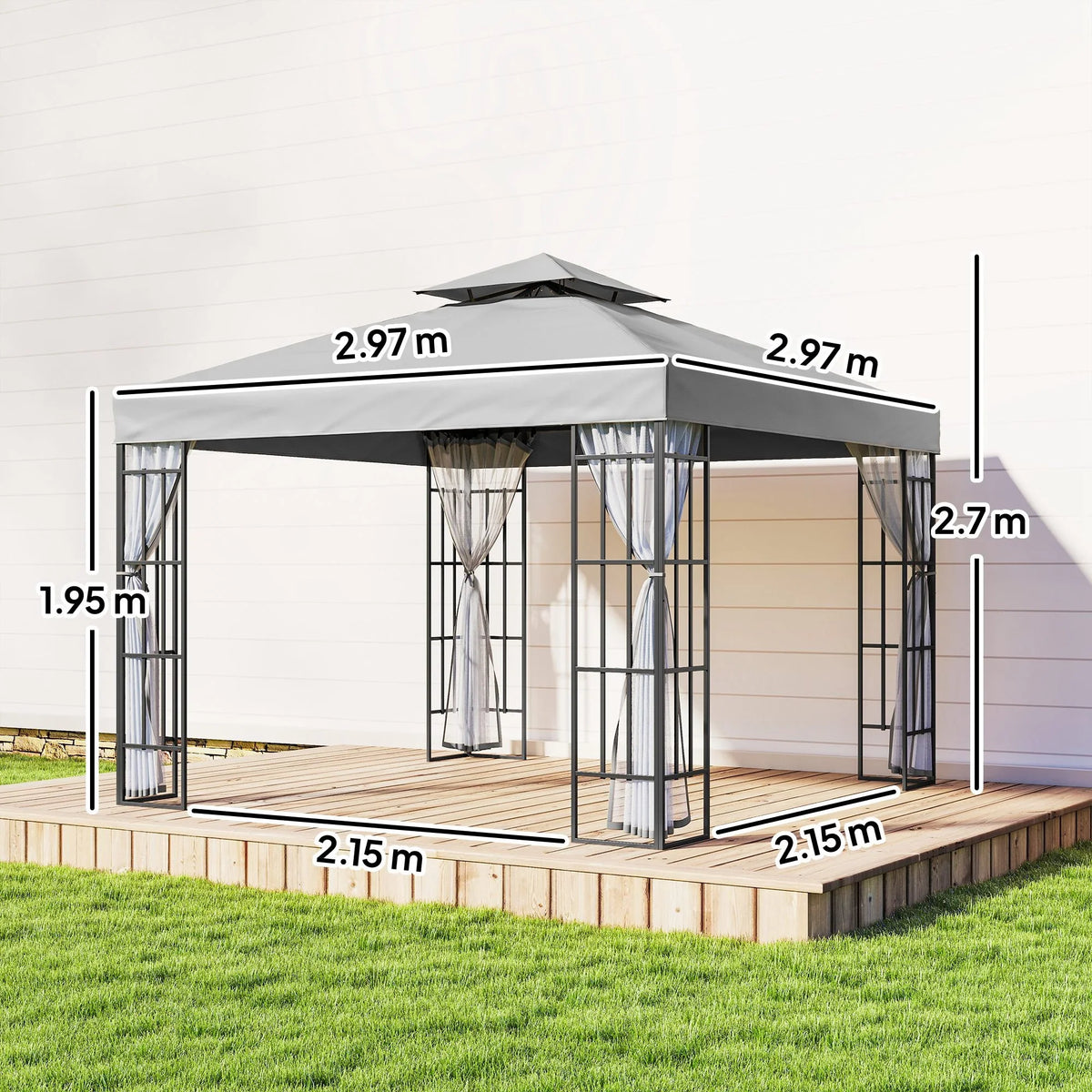 Light grey patio gazebo dimensions diagram with height and side measurements