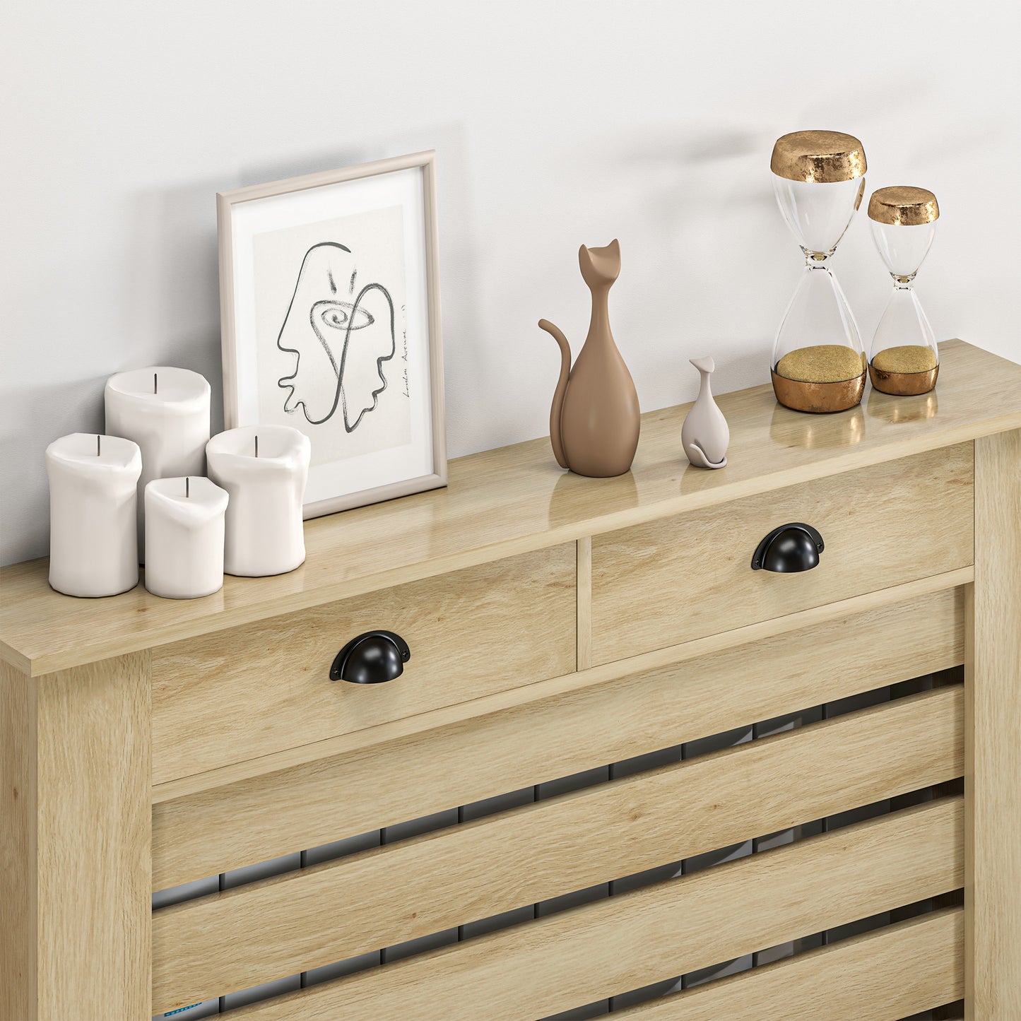 HOMCOM Oak Radiator Cover With Drawer 95.5H X 111W cm Slatted MDF And Particle Board