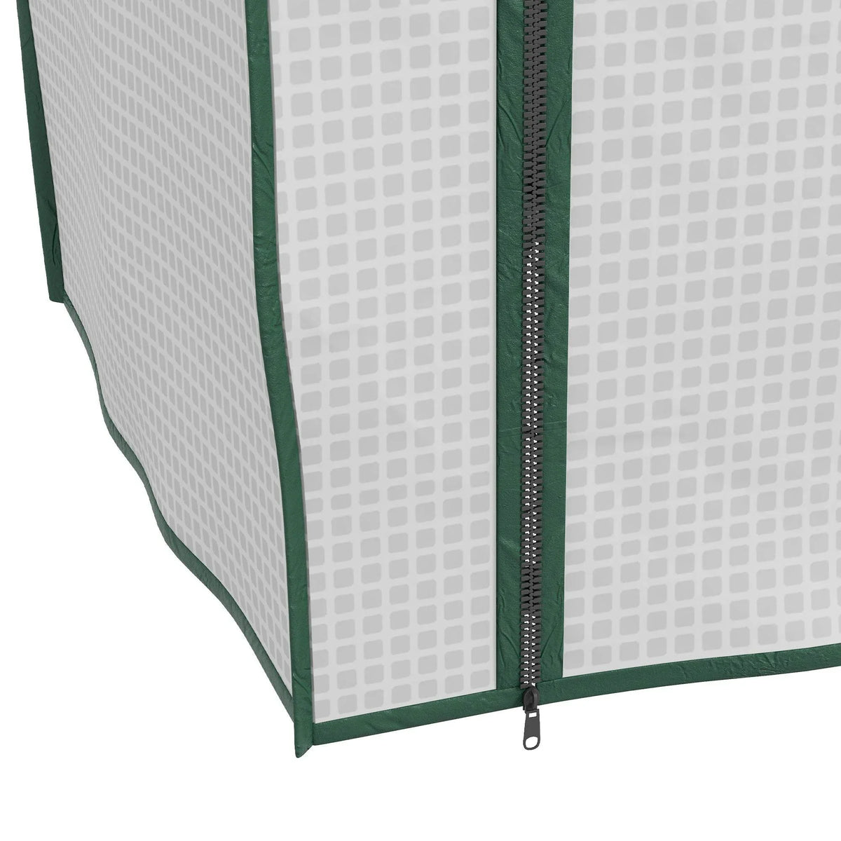 White mesh greenhouse side panel with green edging and zipper closure
