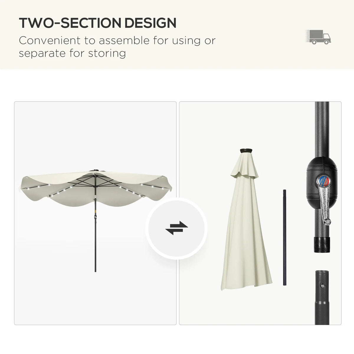 Two-section patio umbrella design with folded cream canopy and black pole