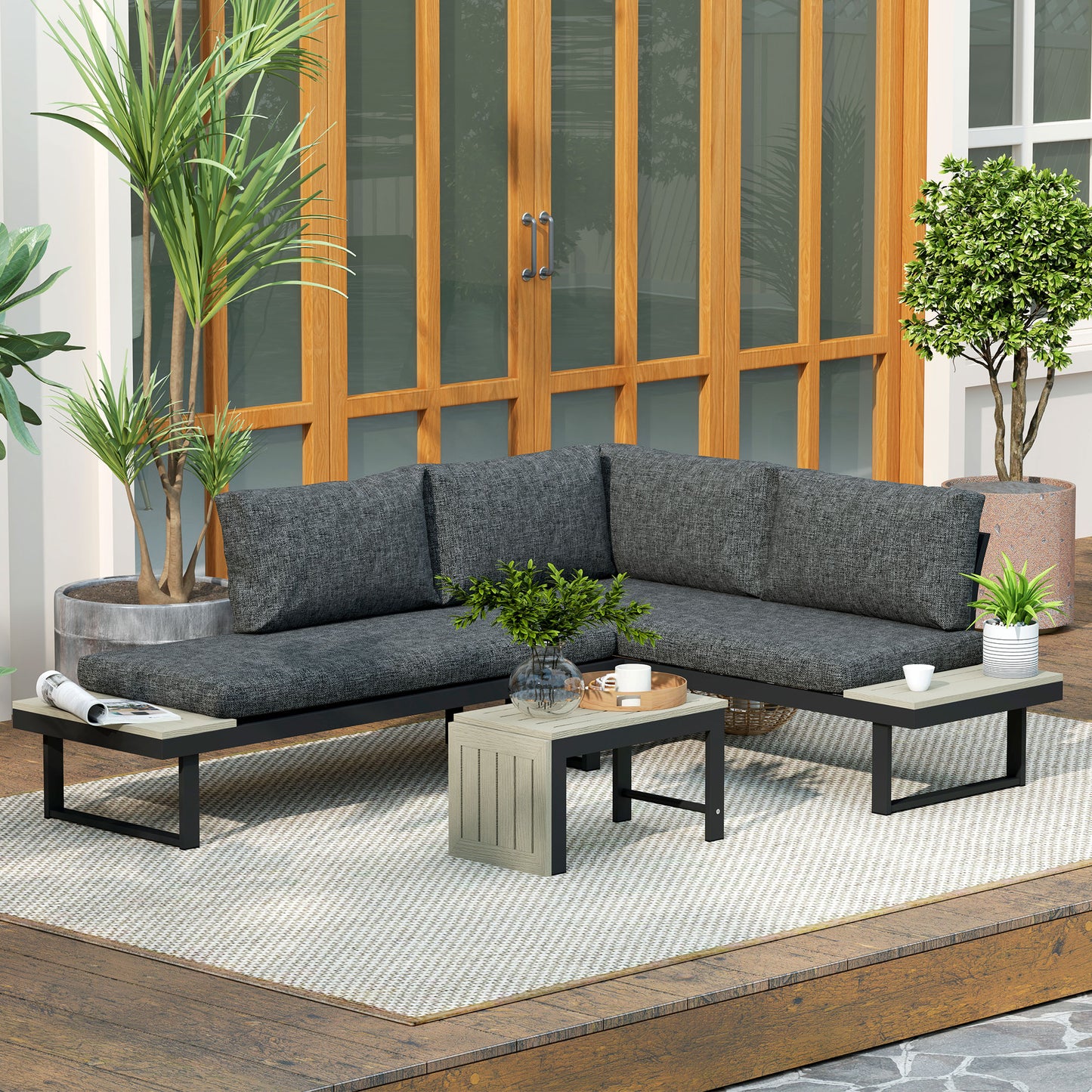 Outsunny 4 Seater L Shaped Aluminium Garden Furniture Set With 2 Loveseats And Wood Plastic Coffee Table Dark Grey