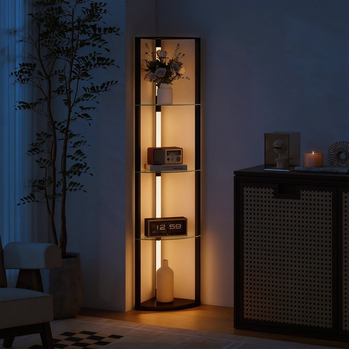 HOMCOM LED Floor Lamp With Shelves Five Tier Frosted Glass Dimmable Standing Lamp With Foot Switch Living Room Black
