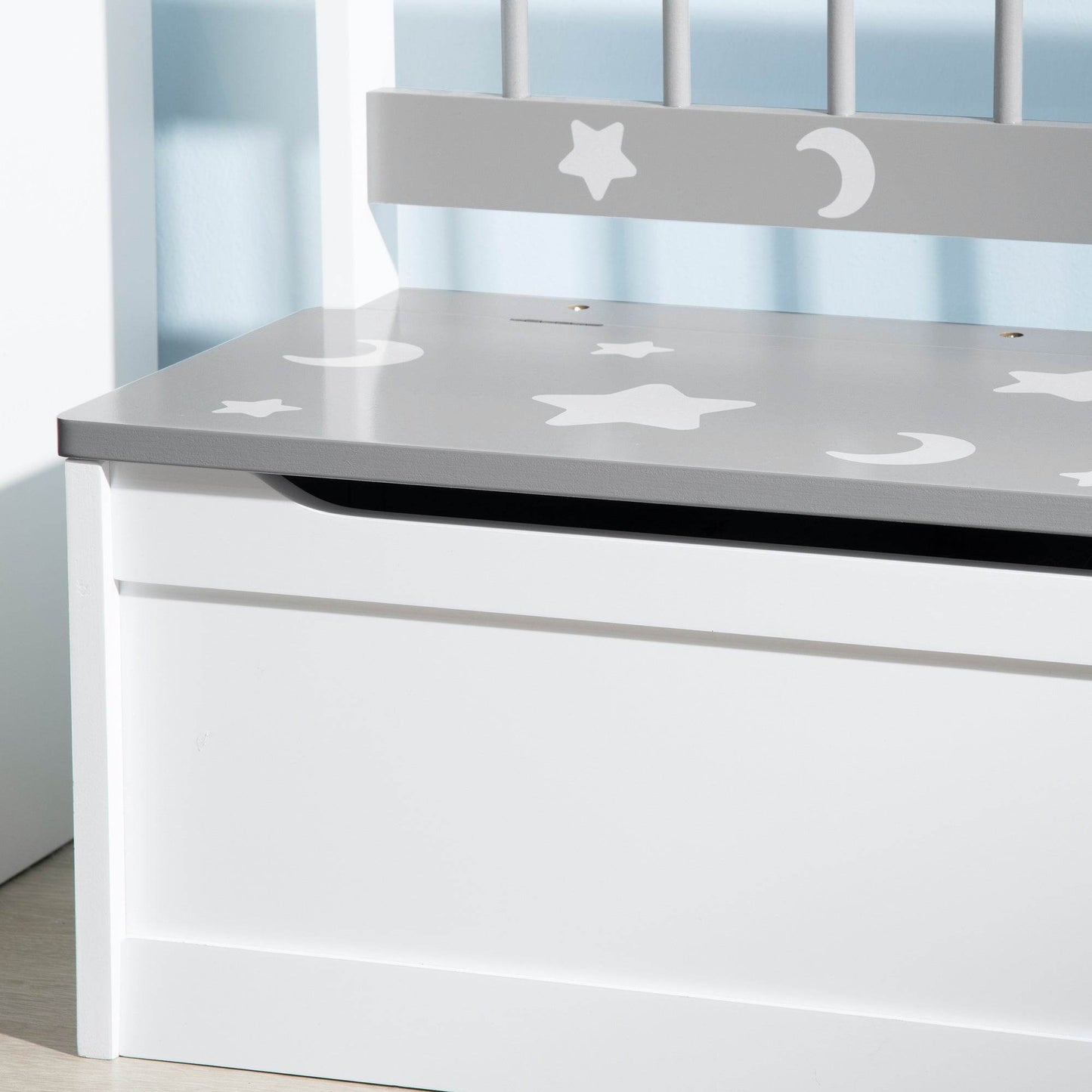 ZONEKIZ 2-IN-1 Kids Storage Bench and Toy Chest with Safety Features, Star & Moon Design, Grey - ALL4U RETAILER LTD